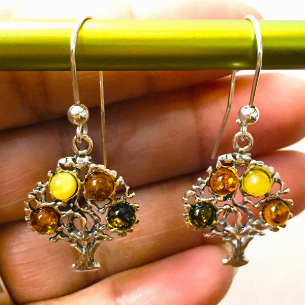 Tree of Life Earrings Multicolor Amber Sterling Silver