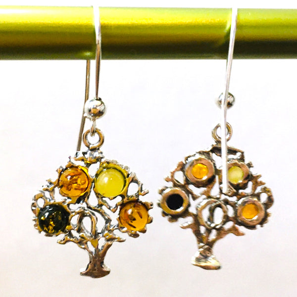Tree of Life Earrings Multicolor Amber Sterling Silver