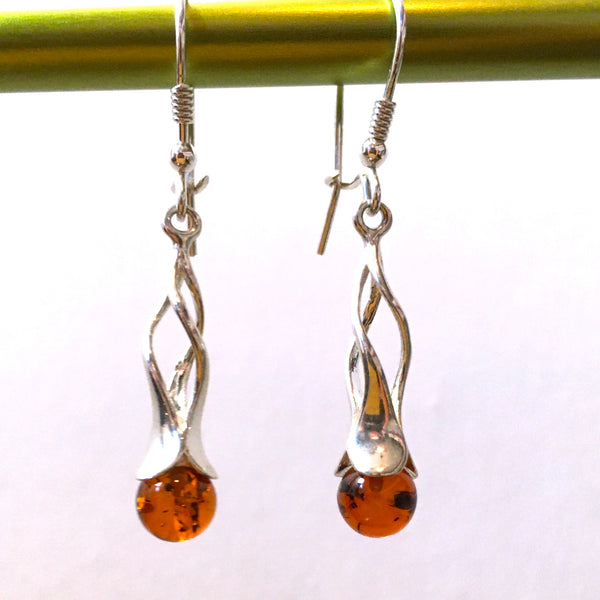Drop Earrings Cognac Sphere Baltic Amber Sterling Silver