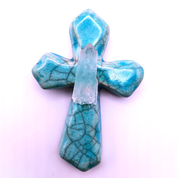 Raku Cross Mini Turquoise Crackle with Clear Quartz 2.5"