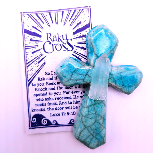 Raku Cross Mini Turquoise Crackle with Clear Quartz 2.5"