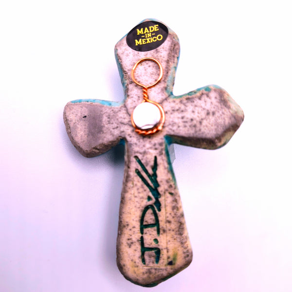 Raku Cross Mini Turquoise Crackle with Clear Quartz 2.5"