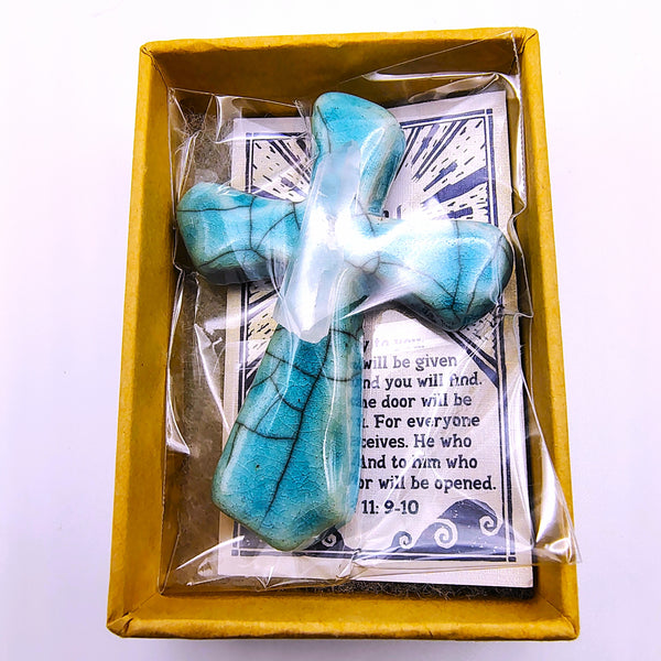 Raku Cross Mini Turquoise Crackle with Clear Quartz 2.5"
