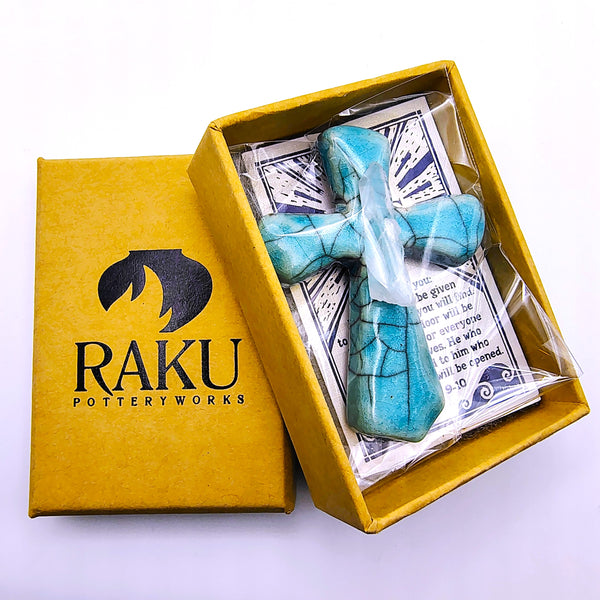 Raku Cross Mini Turquoise Crackle with Clear Quartz 2.5"