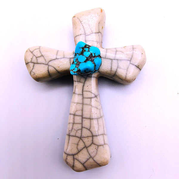 Raku Cross Mini White Crackle with Turquoise 2.5"