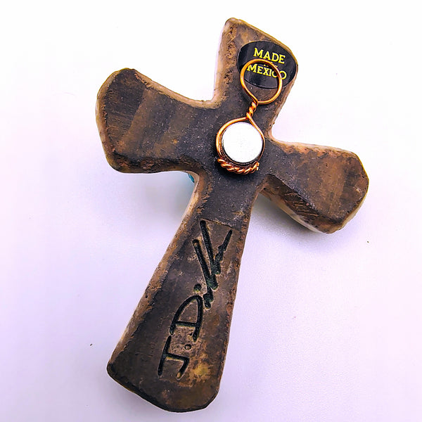 Raku Cross Mini White Crackle with Turquoise 2.5"