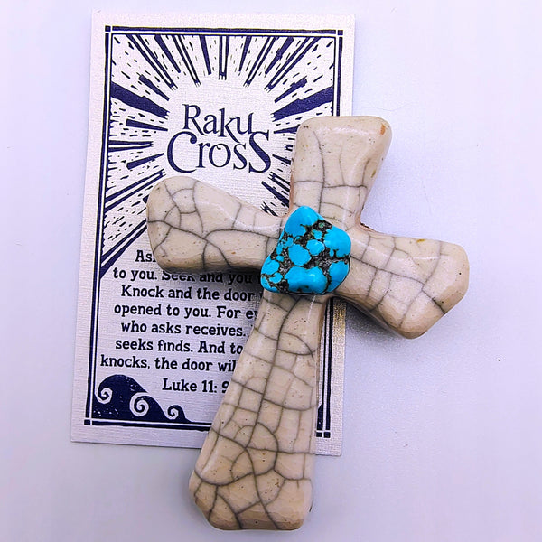 Raku Cross Mini White Crackle with Turquoise 2.5"