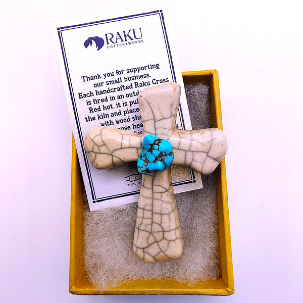 Raku Cross Mini White Crackle with Turquoise 2.5"