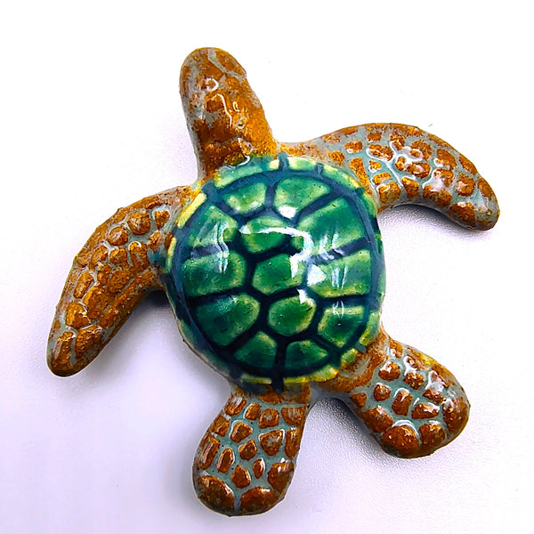 Raku Pottery Mini Sea Turtle Figurine Green Shell Brown Fins  2"