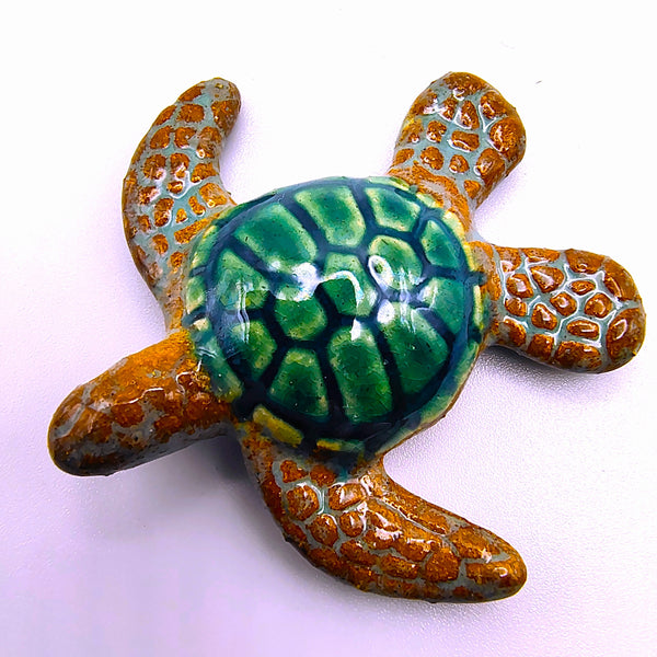 Raku Pottery Mini Sea Turtle Figurine Green Shell Brown Fins  2"