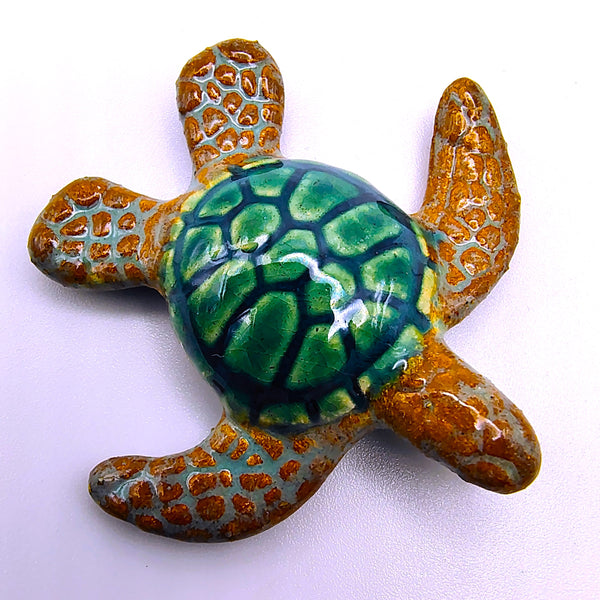 Raku Pottery Mini Sea Turtle Figurine Green Shell Brown Fins  2"
