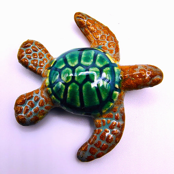 Raku Pottery Mini Sea Turtle Figurine Green Shell Brown Fins  2"