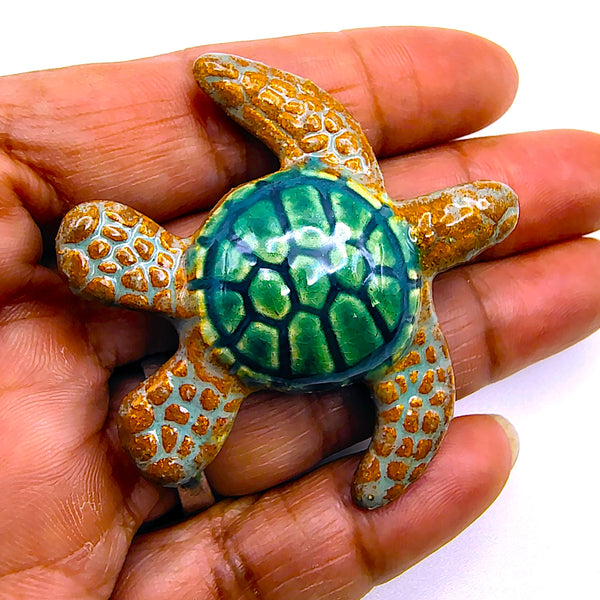 Raku Pottery Mini Sea Turtle Figurine Green Shell Brown Fins  2"