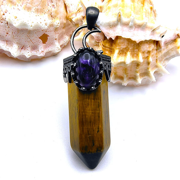 Tiger Eye Hexagon Prism Point Pendant with Crescent Moon