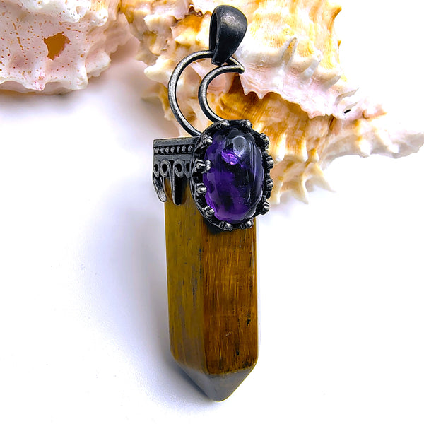 Tiger Eye Hexagon Prism Point Pendant with Crescent Moon