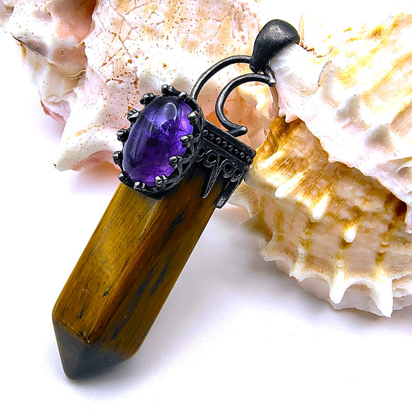 Tiger Eye Hexagon Prism Point Pendant with Crescent Moon