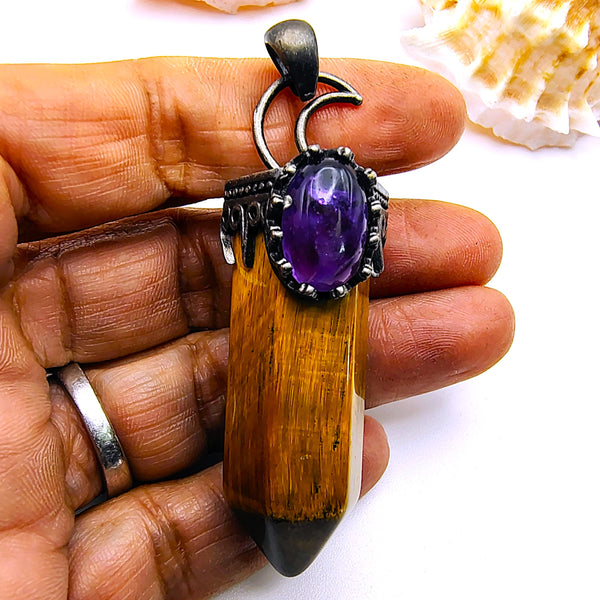 Tiger Eye Hexagon Prism Point Pendant with Crescent Moon