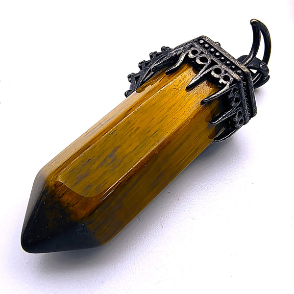 Tiger Eye Hexagon Prism Point Pendant with Crescent Moon
