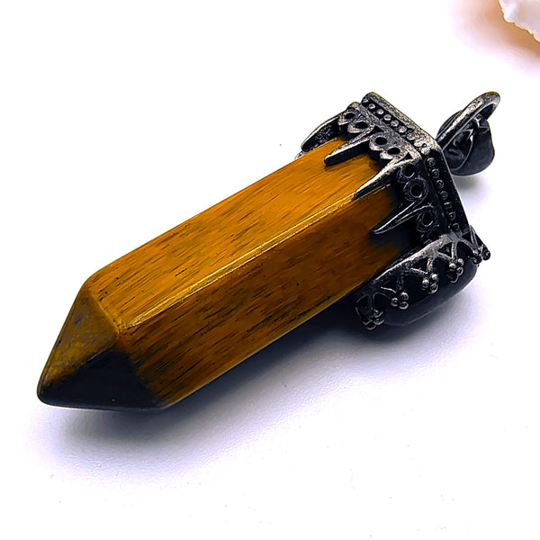 Tiger Eye Hexagon Prism Point Pendant with Crescent Moon
