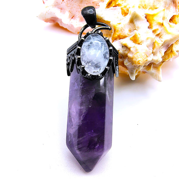 Amethyst Hexagon Prism Point Pendant with Crescent Moon