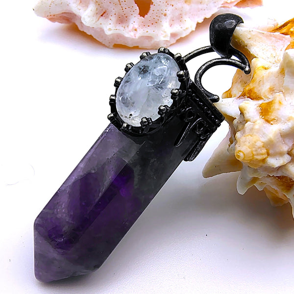 Amethyst Hexagon Prism Point Pendant with Crescent Moon
