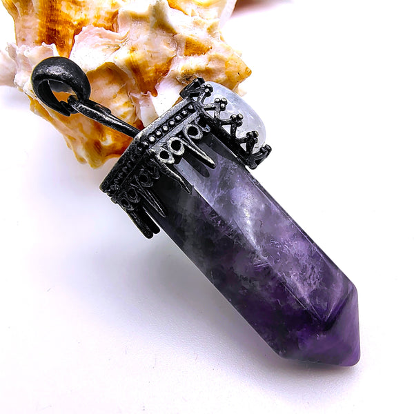Amethyst Hexagon Prism Point Pendant with Crescent Moon