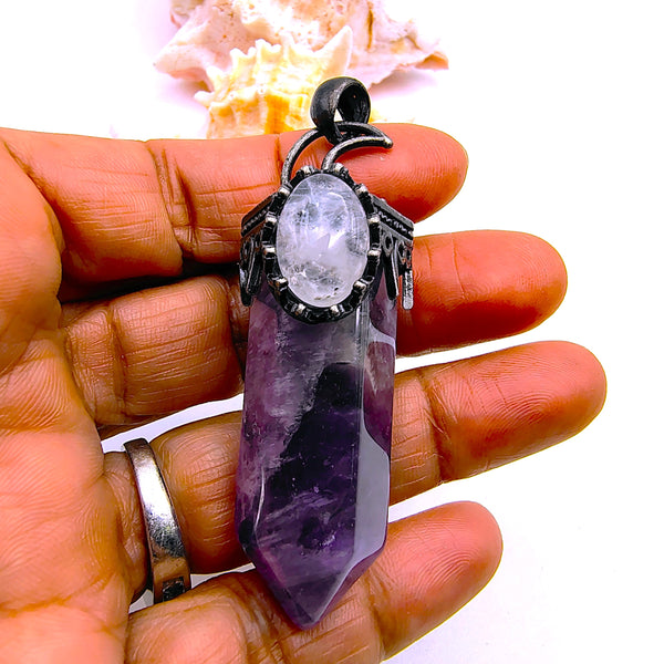 Amethyst Hexagon Prism Point Pendant with Crescent Moon
