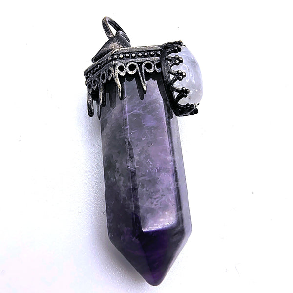 Amethyst Hexagon Prism Point Pendant with Crescent Moon