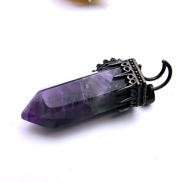 Amethyst Hexagon Prism Point Pendant with Crescent Moon