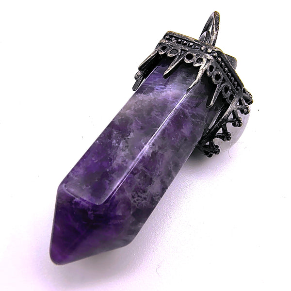 Amethyst Hexagon Prism Point Pendant with Crescent Moon