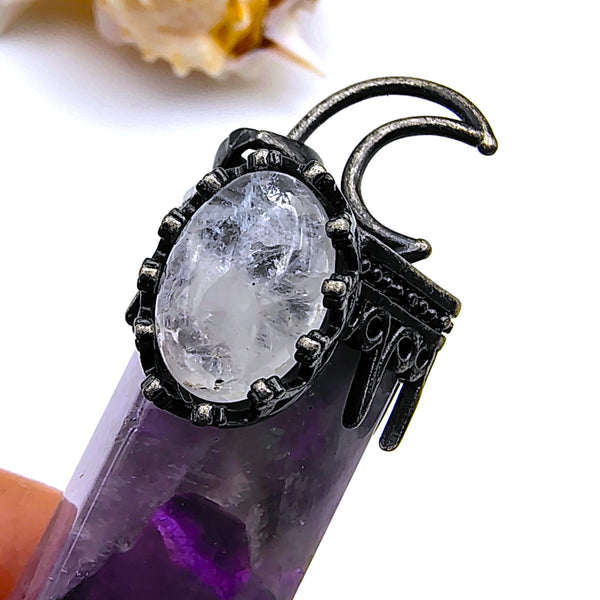 Amethyst Hexagon Prism Point Pendant with Crescent Moon