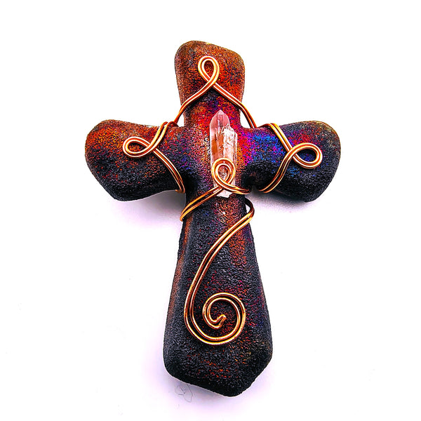 Raku Cross Mini Figurine Glazed Copper Spiral Wrapped with Crystal 2.5"
