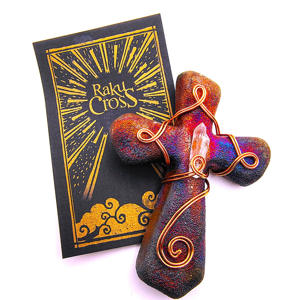 Raku Cross Mini Figurine Glazed Copper Spiral Wrapped with Crystal 2.5"