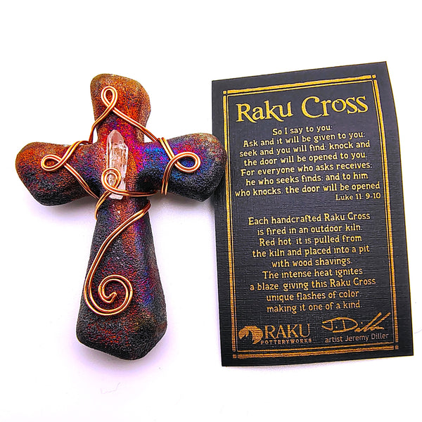Raku Cross Mini Figurine Glazed Copper Spiral Wrapped with Crystal 2.5"