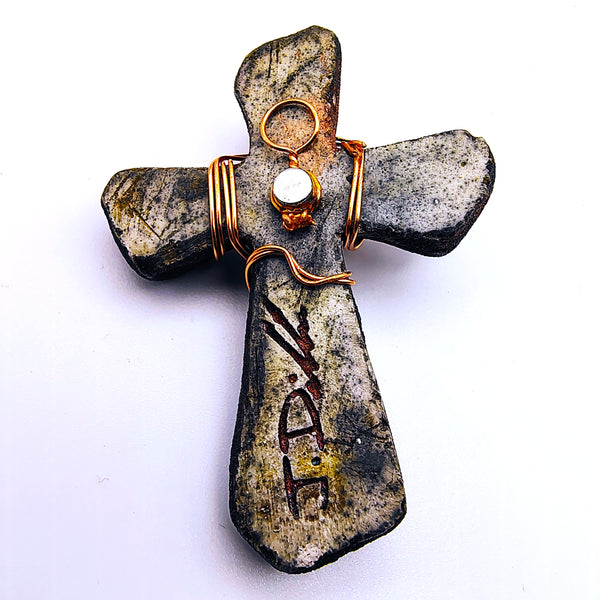Raku Cross Mini Figurine Glazed Copper Spiral Wrapped with Crystal 2.5"