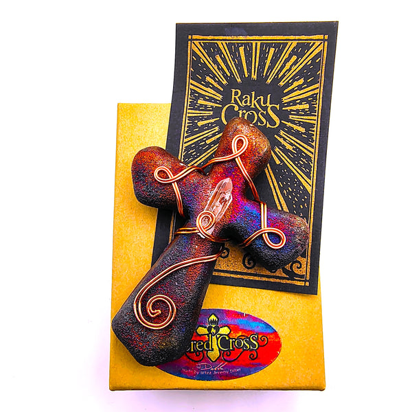 Raku Cross Mini Figurine Glazed Copper Spiral Wrapped with Crystal 2.5"