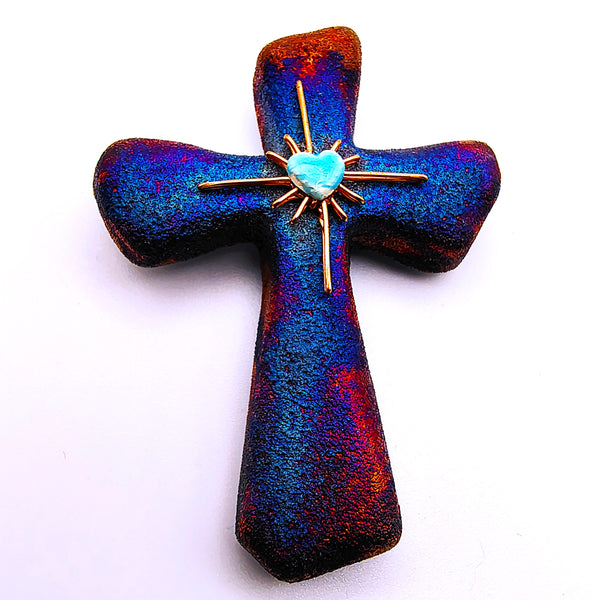Raku Cross Mini Figurine Glazed Heart Copper Star 2.5"