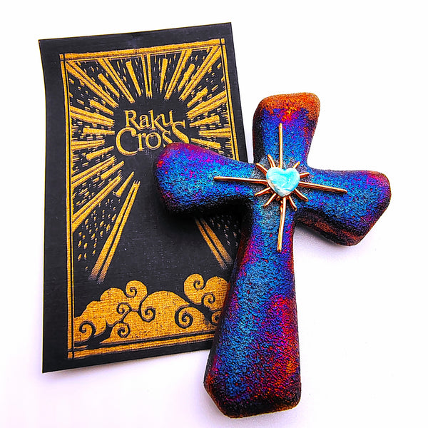 Raku Cross Mini Figurine Glazed Heart Copper Star 2.5"