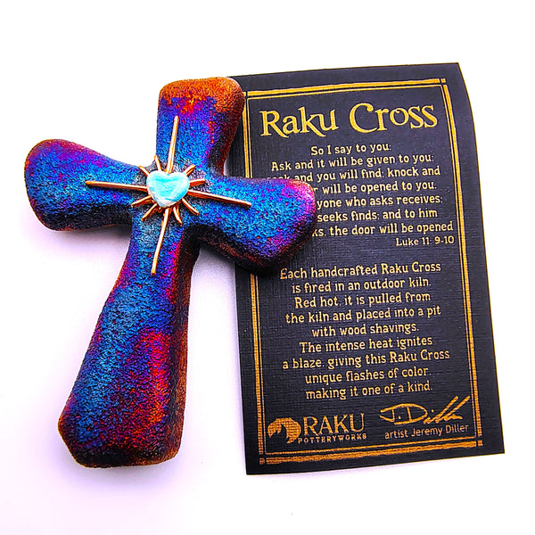 Raku Cross Mini Figurine Glazed Heart Copper Star 2.5"