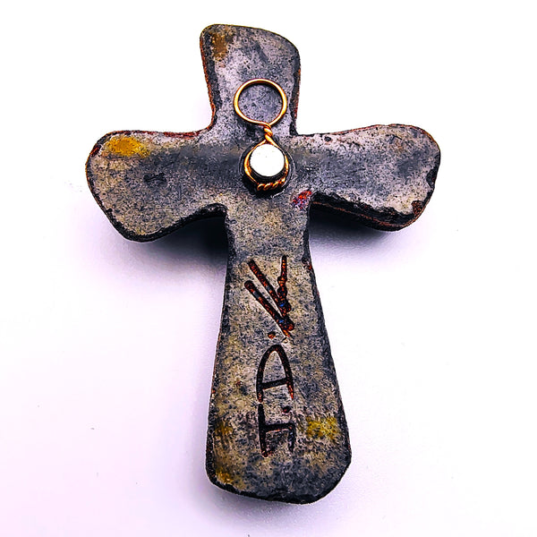 Raku Cross Mini Figurine Glazed Heart Copper Star 2.5"