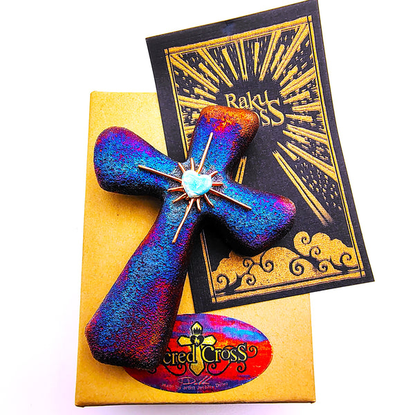 Raku Cross Mini Figurine Glazed Heart Copper Star 2.5"