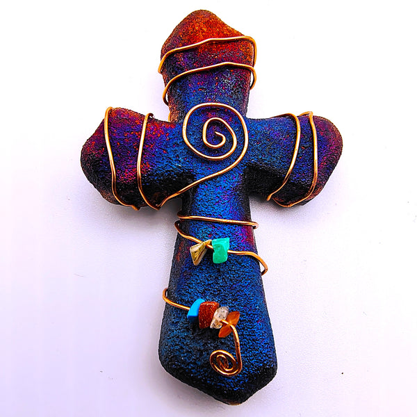 Raku Cross Mini Figurine Glazed Copper Wrapped Beads 2.5"