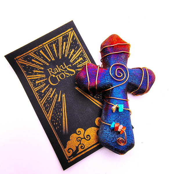 Raku Cross Mini Figurine Glazed Copper Wrapped Beads 2.5"