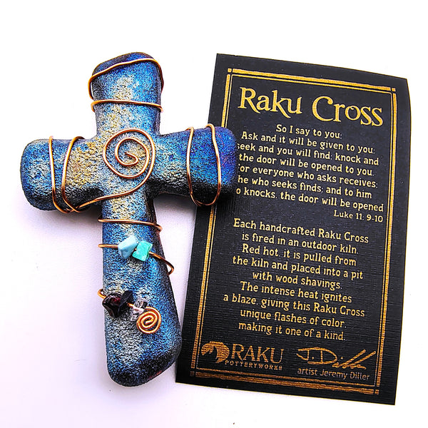 Raku Cross Mini Figurine Glazed Copper Wrapped Beads 2.5"