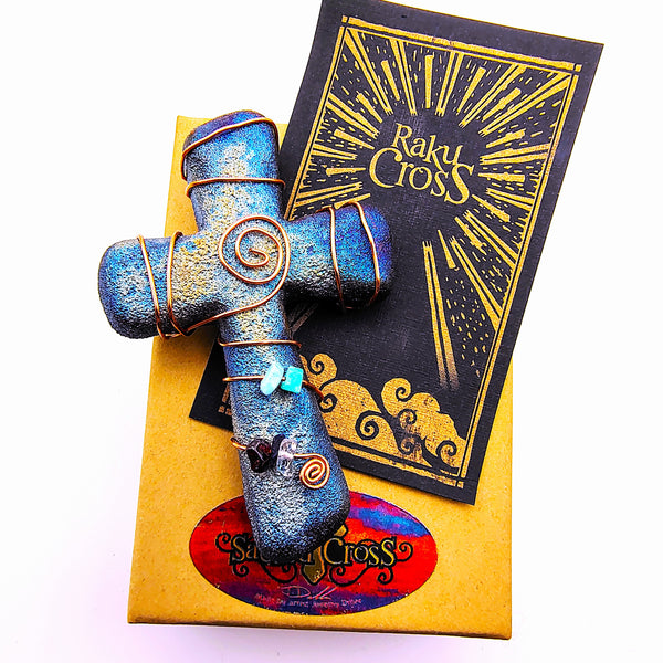 Raku Cross Mini Figurine Glazed Copper Wrapped Beads 2.5"