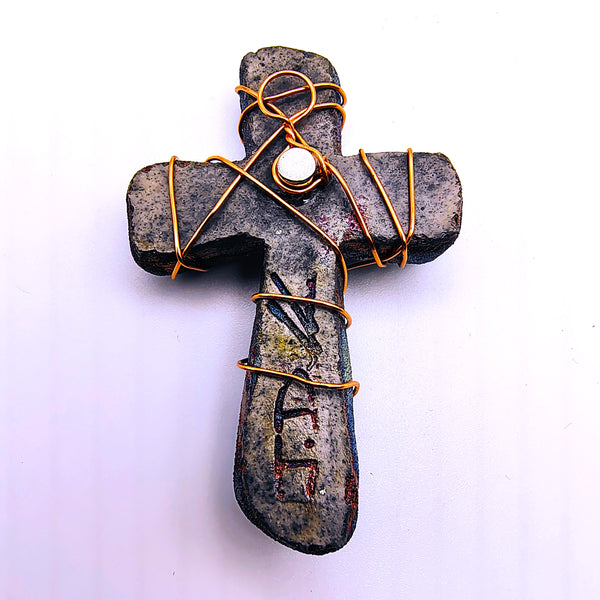 Raku Cross Mini Figurine Glazed Copper Wrapped Beads 2.5"