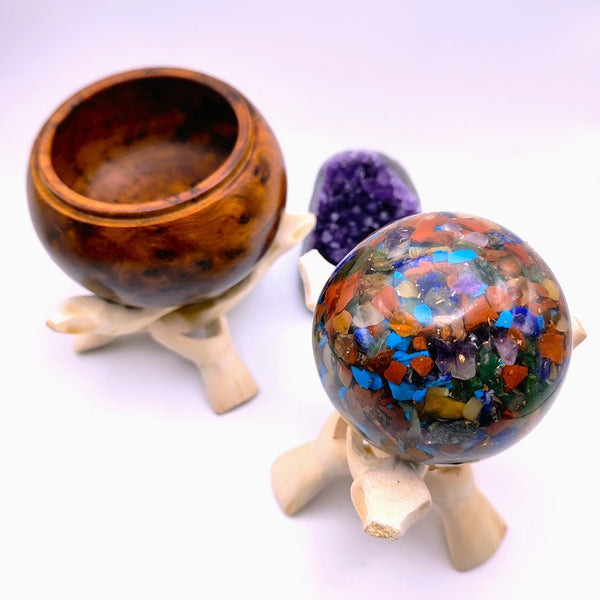 Carved White Wood Tripod Display Stand for Crystals, Smudge, Bowls, Spheres, etc