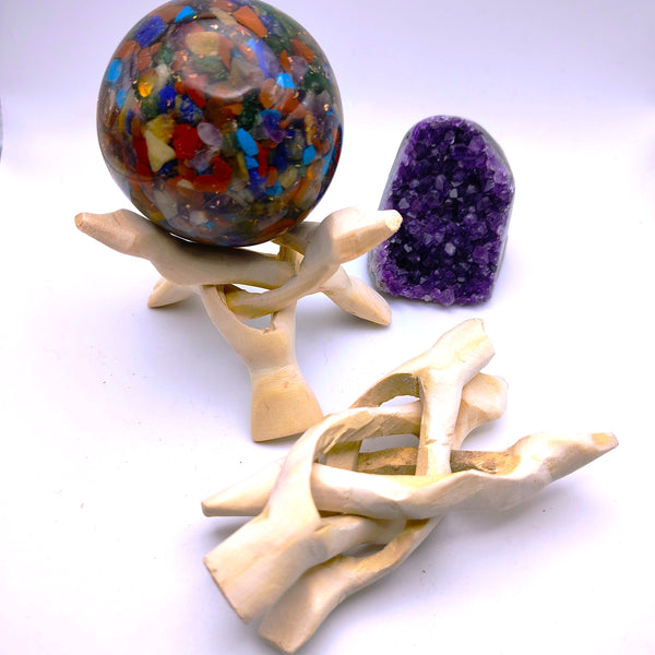 Carved White Wood Tripod Display Stand for Crystals, Smudge, Bowls, Spheres, etc