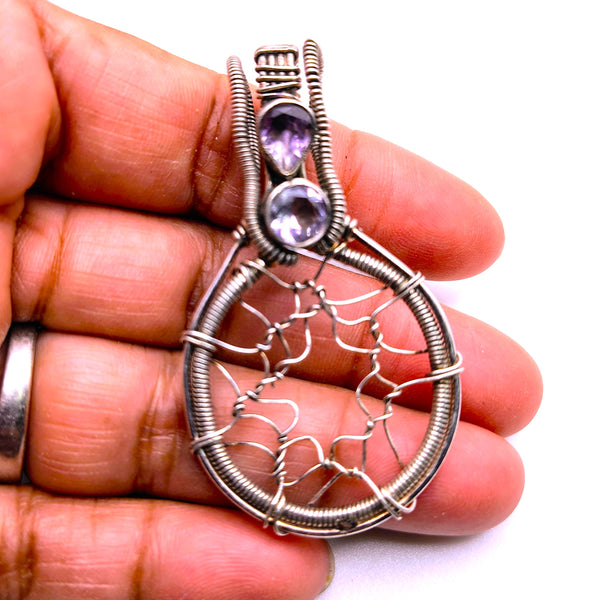 Amethyst Dream Catcher Wire Sterling Silver Pendant