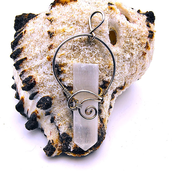 Selenite Raw Point Pendant  Wire Wrapped Sterling Silver